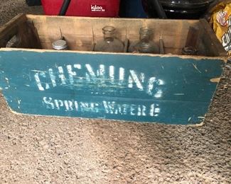 Vintage Chemung water bottles and advertising box