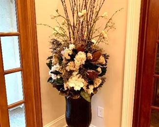 $800 PAIR - Large & Luxurious! Black and Gold Urn with Floral Arrangement. The urn measures 16” diameter x 32” tall and with the floral measures 74” tall.