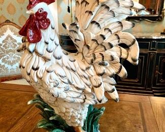 $150 - Designer ceramic rooster by J. Willfred. Measures 14” x 12” x 23”.