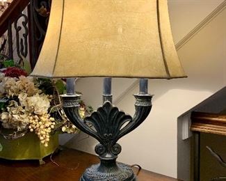 $100 - Elegant foyer lamp with faux leather shade. The shade measures 17” x 11” and the lamp measures 26” tall. 