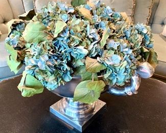 Alternate view of statement centerpiece with faux hydrangeas in silver pot.