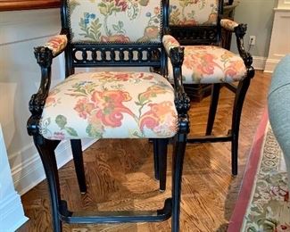 $1500 (PAIR) - DESIGNER Ferguson Copeland Thomas Hope Bar Stools with Lion-head Armrests. Measures 20” x 28” x 47”. 