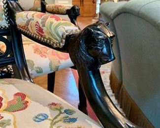 Close up of Lion-head Armrests on Ferguson Copeland Thomas Hope Barstool PAIR.