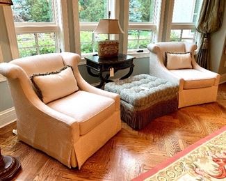 $800 (PAIR) - Luxurious Cream-Colored Club Chairs by Henredon with Decorative Pillows. Club chairs measure 31” x 38” x 34”.