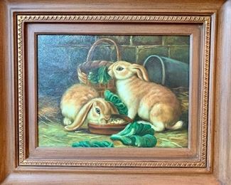 $250-Original oil painting of bunnies. C.O.A. on back. The frame measures 26 x 22.  The art is 15" x 11 1/2"