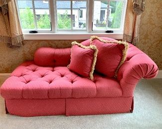 $550 - Custom Red Upholstered Chaise with 2 Pillows. Measures 70” x 34” x 30”. Originally purchased for $1800.