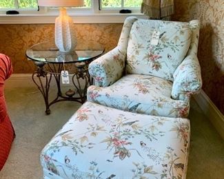 $600 - Designer Club Chair by Henredon with Matching Ottoman. Chair measures 36” x 38” x 34” and ottoman measures 31” x 24” x 18”. Originally purchased for $4594.