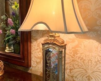 $200 (PAIR) - BEAUTIFUL Golden Mirror Lamp. Lamp Shade measures 16” x 12” and lamp with shade measures 28” tall. Originally purchased for $750.