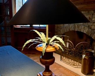 $100 - Wooden Base with Metal Plant Desk Lamp. Shade measures 18.5” diameter and lamp with shade measures 27” tall.