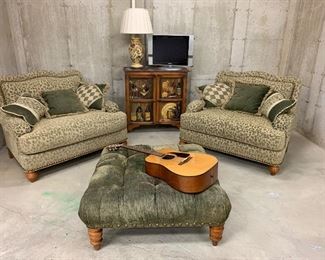 $450-Oversized comfy chair pair.  Measures 47"L x 38"W x 38"H. $40 as is-Ottoman measures 38"L x 38"W x 16"H. 