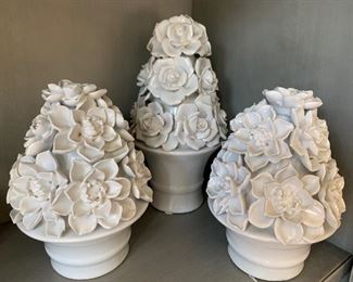 $30 - Set of 3 - Ceramic White Floral Trees - Smaller trees are 7” tall and tall tree is 9” tall.