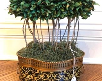 $40 - Faux Topiary with Black and Gold Trim - Measures 8.5” wide x 12” tall.