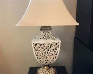 $100 - White Scroll Lamp - Shade measures 16” x 16” and lamp measures 33” tall.