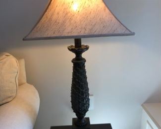 $100 - Brown table lamp with shade - Shade measures 16” x 16” and lamp measures 36” tall.