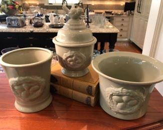 $60 - Sage Green Pot Set with Bird and Eggs Embossed