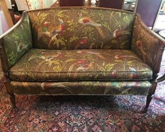 One of two matching mahogany Sheraton love sofas, newly reupholstered