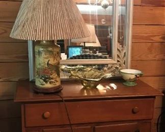 Heywood Wakefield server, decorative white mirror, glass bowl, Asian pottery bowl, Asian themed lamp