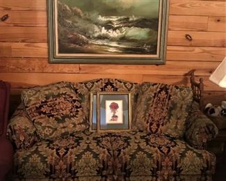 Upholstered love seat, signed original painting, small framed prints