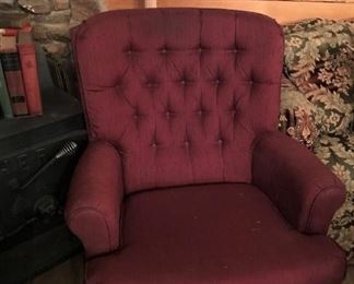 Upholstered arm chair, vintage white floor lamp