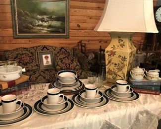 Various china pieces, vintage books, casserole, Asian bird table lamp