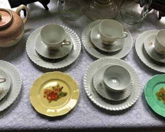 Cups, saucers, plates marked MK,  colored decorative plates marked W.S. George, Sadler teapot