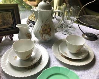 MK Coffee pot, creamer, cups, saucers, lunch plates, crystal. silverplate server, more