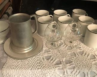 Pewter cup, Eastern Airlines coffee cups and brandy snifters