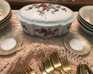 Marked Baensch Lettin porcelain  footed trinket box,  plated flatware, more