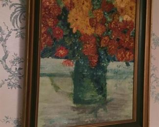 Framed floral oil painting.