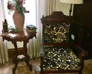 Antique parlor table, East Lake style chair (1 of 2 chairs)
