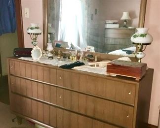 Mid Century dresser w/ mirror, vintage dresser lamps, etc.