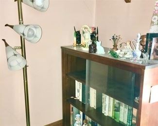 Mid-Century floor lamp, vintage book case, books, figurines & misc.