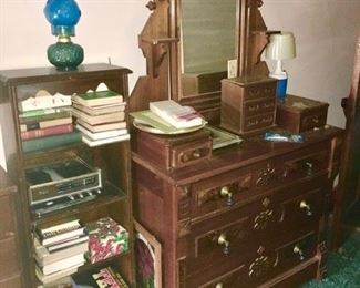 Antique dresser w/ mirror, misc. books, lamps, etc.