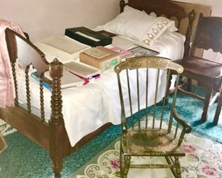 Antique twin bed, child's rocking chair, misc. linens, etc.