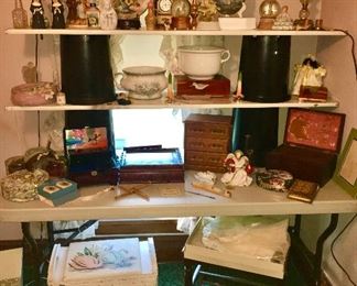 Misc. religious collectibles, lamps, hand painted plates, chamber pots, jewelry boxes, etc., vintage hamper, etc., some items are SOLD