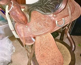 Vintage carved leather tooled riding saddle 