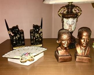 Mid-Century kitten bookends, Jackie & John Kennedy figurines, lamps, etc.