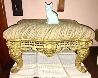 Antique cast iron stool base w/ upholstered top, Fenton cat figurine