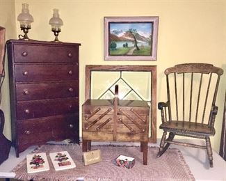5 drawer smaller chest of drawers is SOLD, lead glass window is SOLD, painting, antique child's rocking chair, vintage sewing cabinet, Norway
