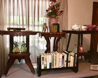 Antique parlor tables, vintage book shelves, many books, antique & Mid-Century decorative collectibles