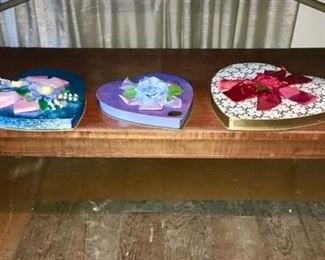 Vintage coffee table, vintage Valentine's heart candy boxes are SOLD