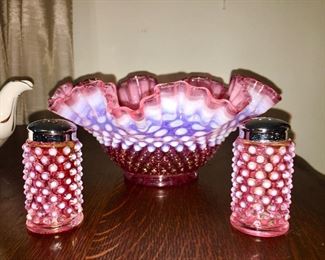 Fenton Cranberry opalescent serving bowl is available and shakers are SOLD