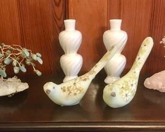 Jade tree, Quartz tree, Fenton hand painted birds, ceramic vases