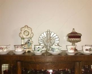 A sample of cups and saucers for sale, some are SOLD, Vintage ceramic & glass collectibles
