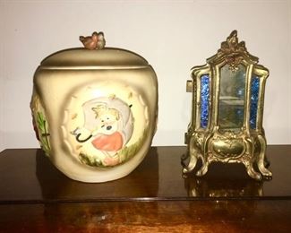 NAPCO biscuit/cracker jar, antique metal & colored glass collectible