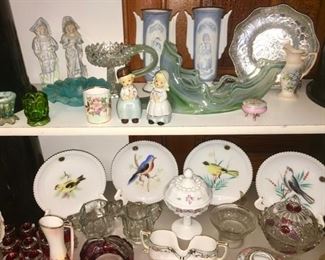 Collectible glass & porcelain, Westmoreland milk glass plates and compote, Della Robbia covered dish, etc.