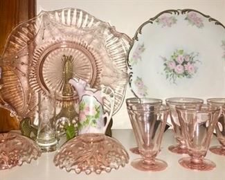 Pink depression glass handled plate, candle holders are SOLD, small footed stems, hand painted porcelain collectibles