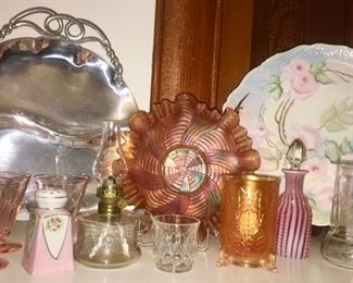 Pink depression glass, Carnival glass bowl and footed spooner/celery are SOLD, striped white/cranberry decanter is SOLD, nightstand depression glass over decanter, hand painted porcelain plates, etc.