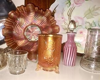 Carnival glass is SOLD, striped decanter is SOLD,  nightstand water glass & decanter