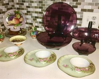 Lefton snack set (3) cup and plate, Fruit design dishes, Amethyst Mid-Century glass